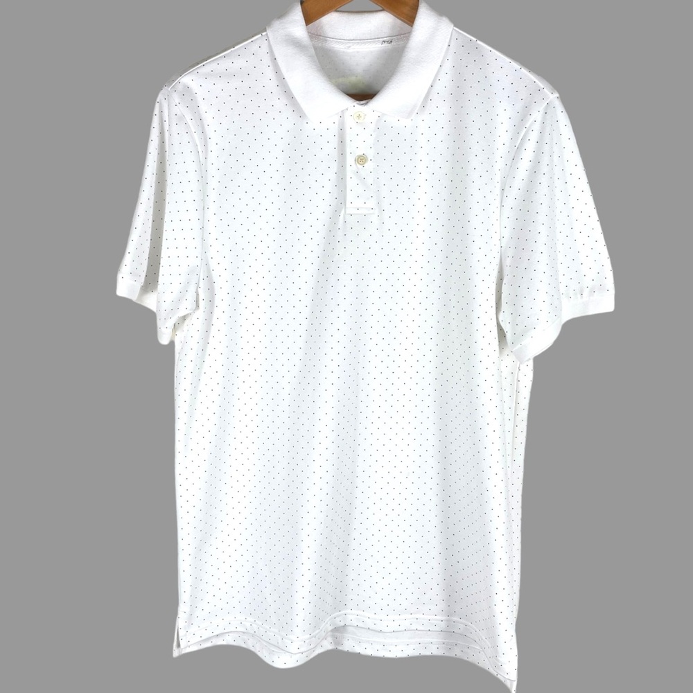 White w/ Black Dots Cotton Pique Short Sleeve Polo Shirt for Photo Shoot Medium